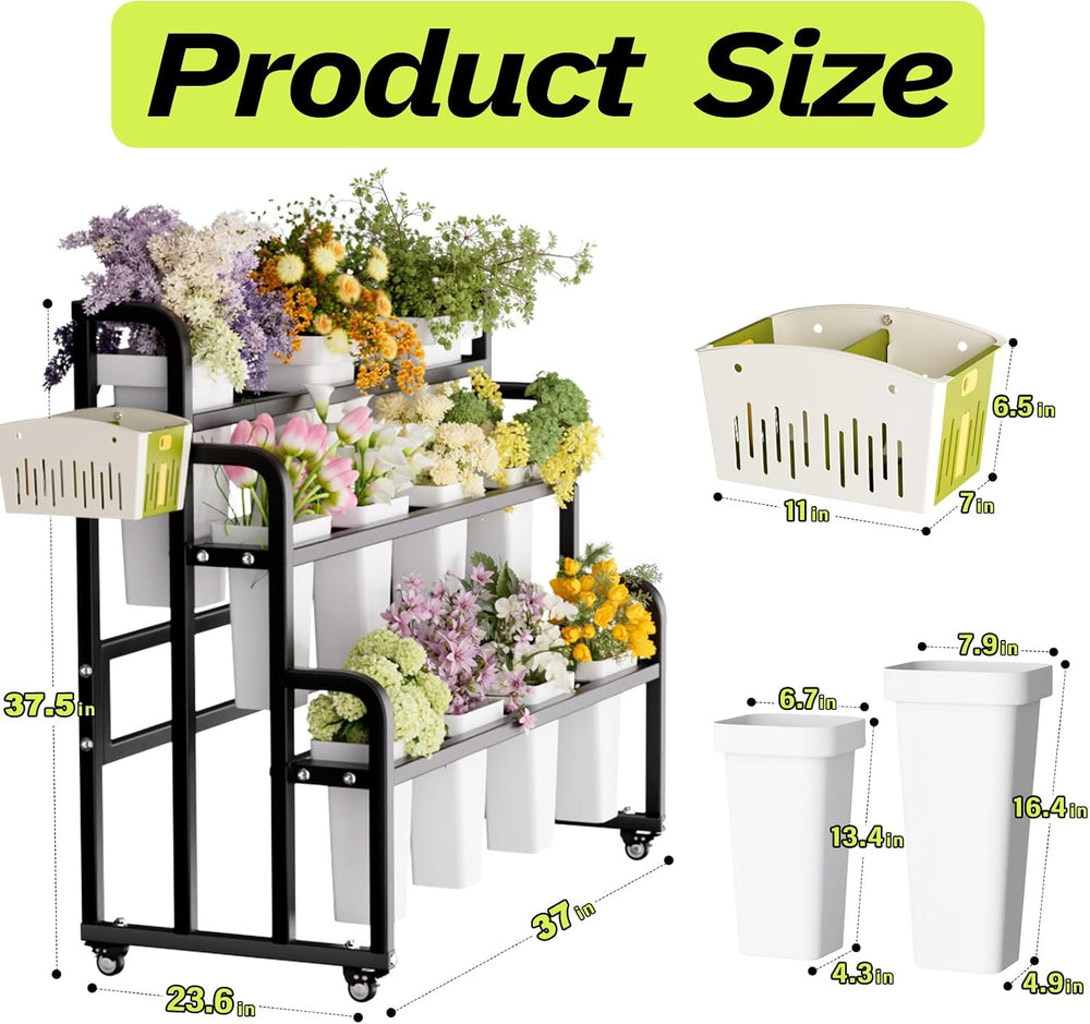 Heavy Duty Flower Bar with Buckets, 3-Tier Bouquet Bar Stand