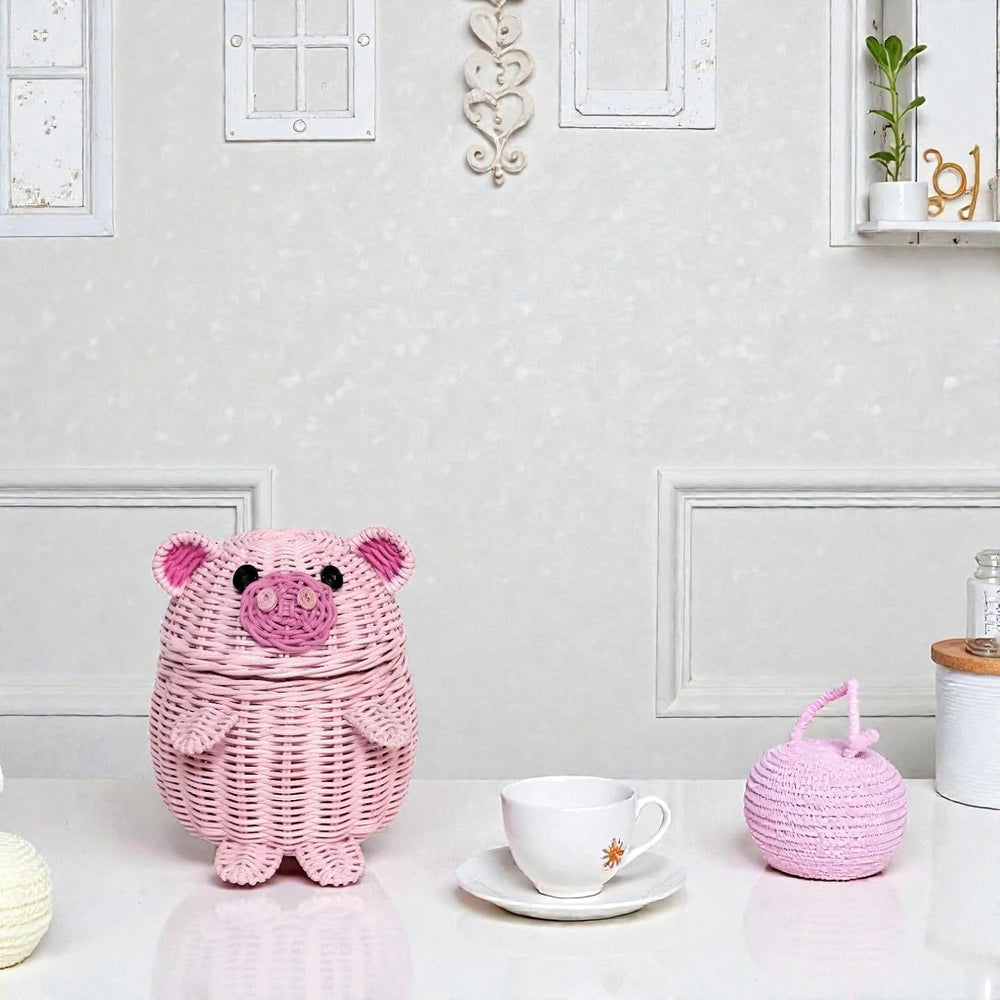 G6 COLLECTION Pig Rattan Storage Basket With Lid Decorative Bin Home Decor Ha...