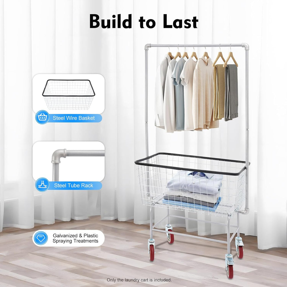 110LBS Commercial Steel Wire Laundry Cart Trolley w/Hanging Rack, 4 Universal...