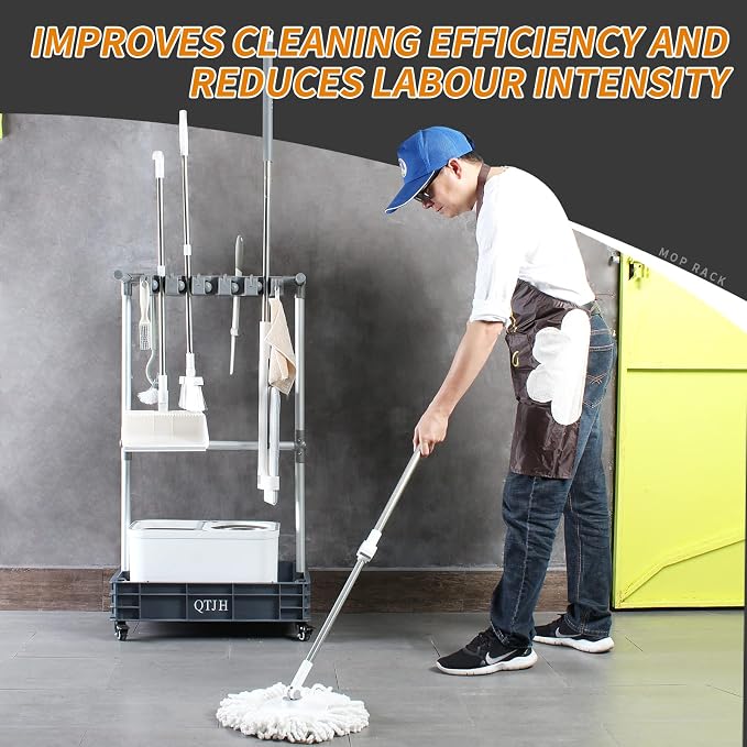 Broom mop holder cleaning supplies organizer janitorial carts on wheels