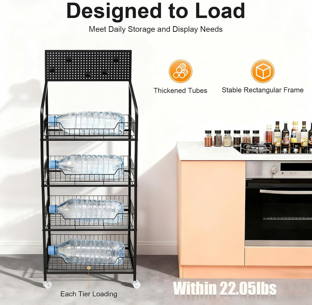 4 Tier Snack Rack Display Stand, Metal Retail Display Rack with Wheels and 5 ...