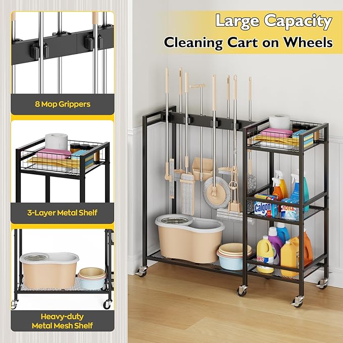 Broom Holder with Cleaning Supplies Organizer, Movable Broom Closet Storage