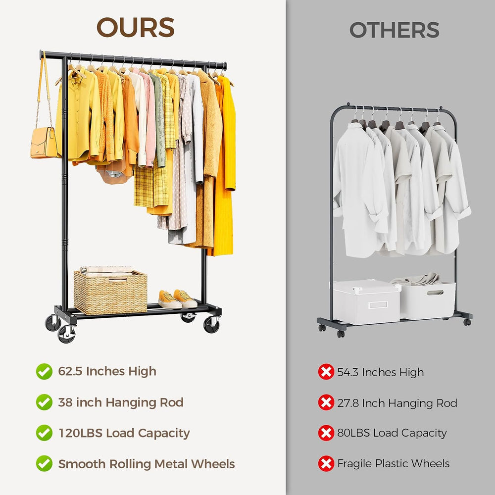 Clothes Rack, Rolling Clothing Rack for Hanging Clothes, Metal Garment Rack