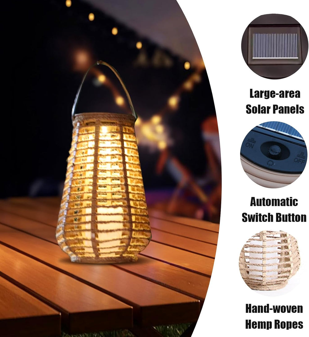 2 Pack Solar Lanterns Outdoor Waterproof, Hand-Woven Hemp Rope,10x5.5 Inch