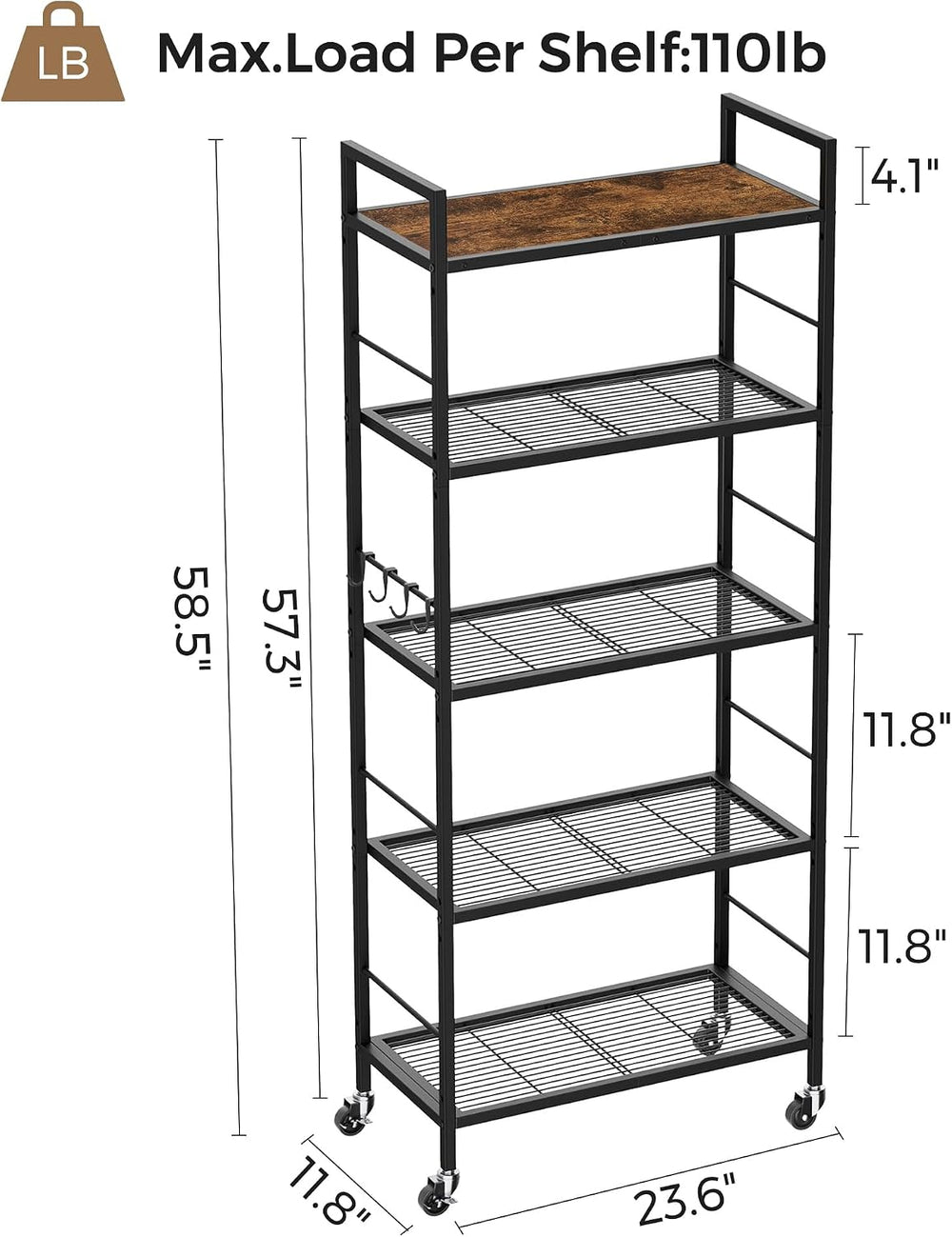 5-Tier Metal Storage Rack with Industrial Wheels,Mesh Shelving Unit with Wood...