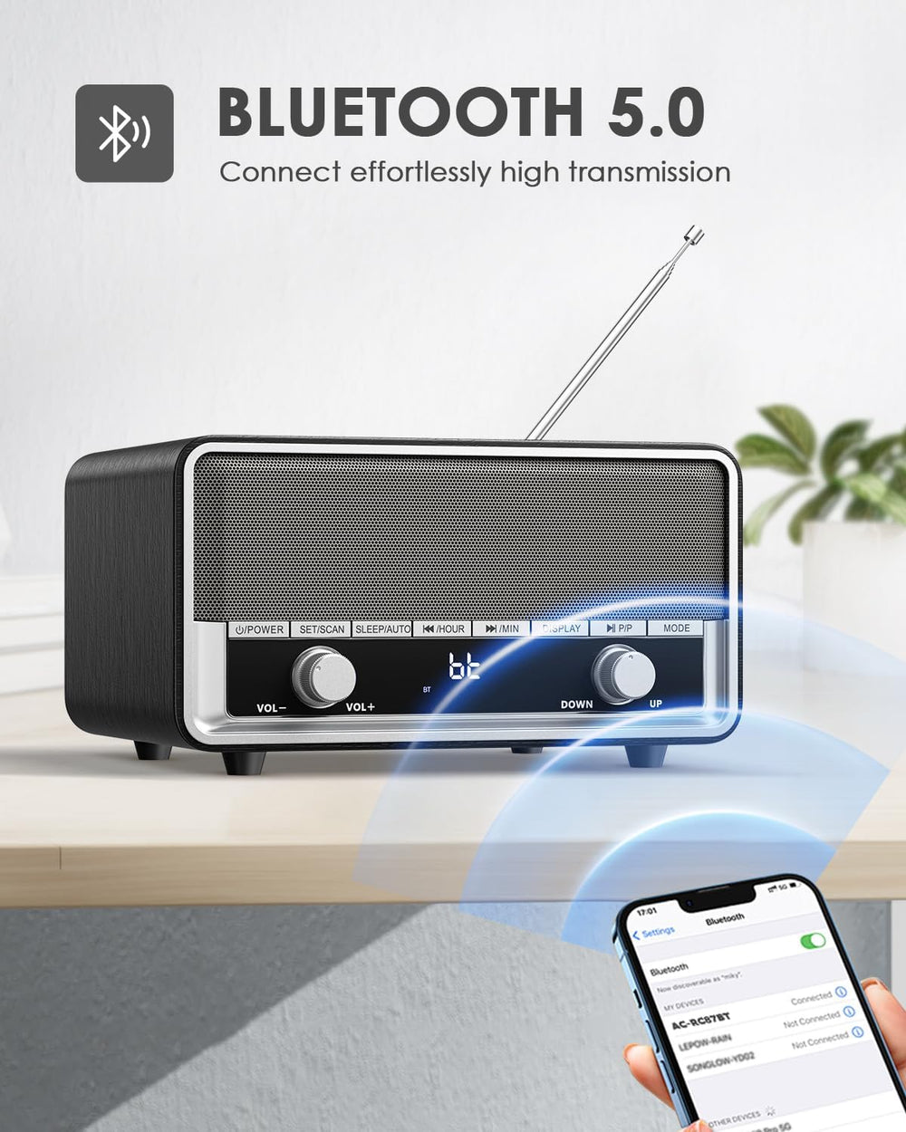 Retro Wood AM FM Bluetooth Radio with Time/Station Display