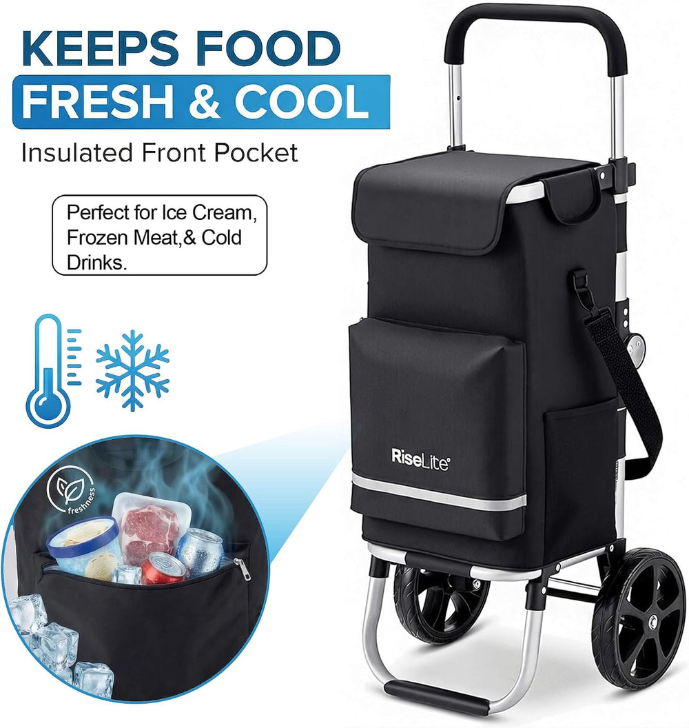 Lightweight Foldable Shopping Cart, 55L Grocery Cart with Cooler Pocket