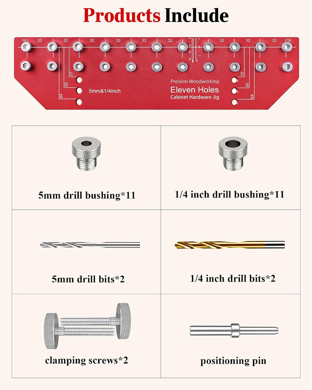TANYO 11-Hole Shelf Pin Jig, 1/4" & 5mm Drill Bits, Cabinet Hardware