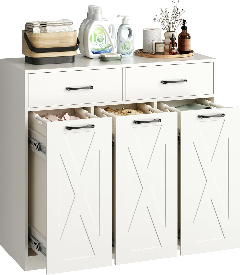 Herture Laundry Hamper Cabinet, Laundry Basket 3 Section with 2 Storage Drawe...