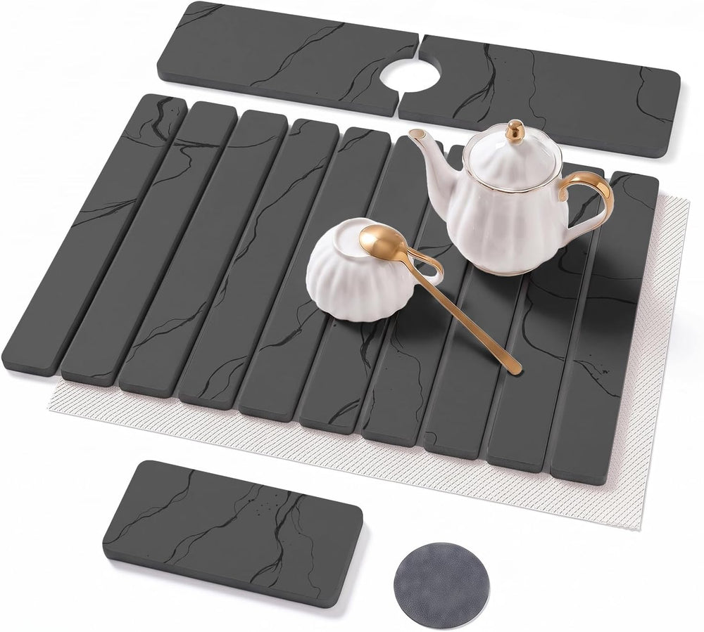 Large Stone Dish Drying Mat Set for Kitchen Counter Dark Gray Marble