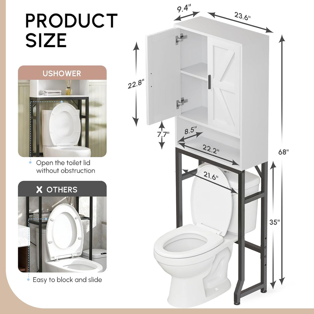 White Over The Toilet Storage Cabinet with Barn Doors