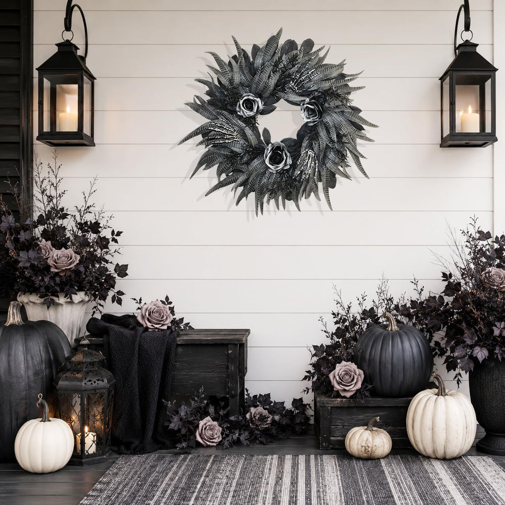 24 Inch Black and Silver Rose Halloween Wreath with 3 Skeleton Hands