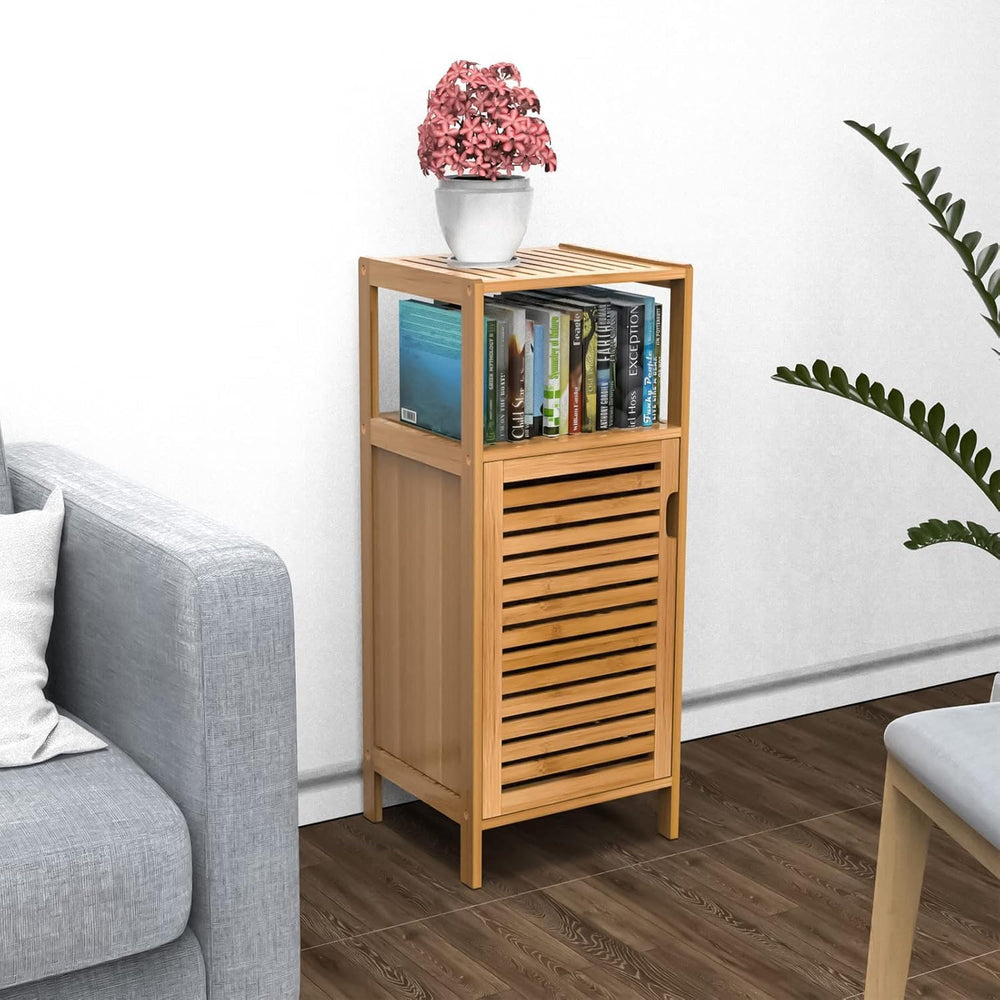 Bathroom Bamboo Storage Cabinet, Freestanding Floor Cabinet with Door Shelf