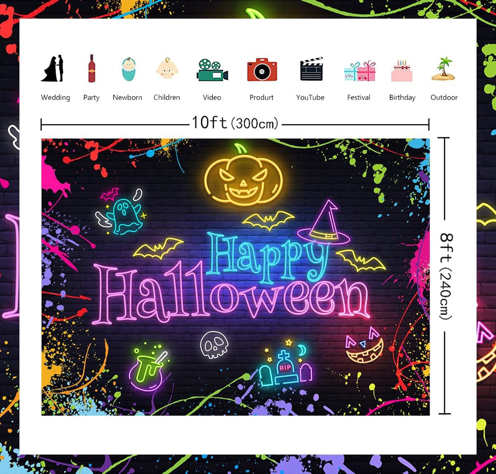 Happy Halloween Backdrop Neon Halloween Colorful Splatter Graffiti Decor