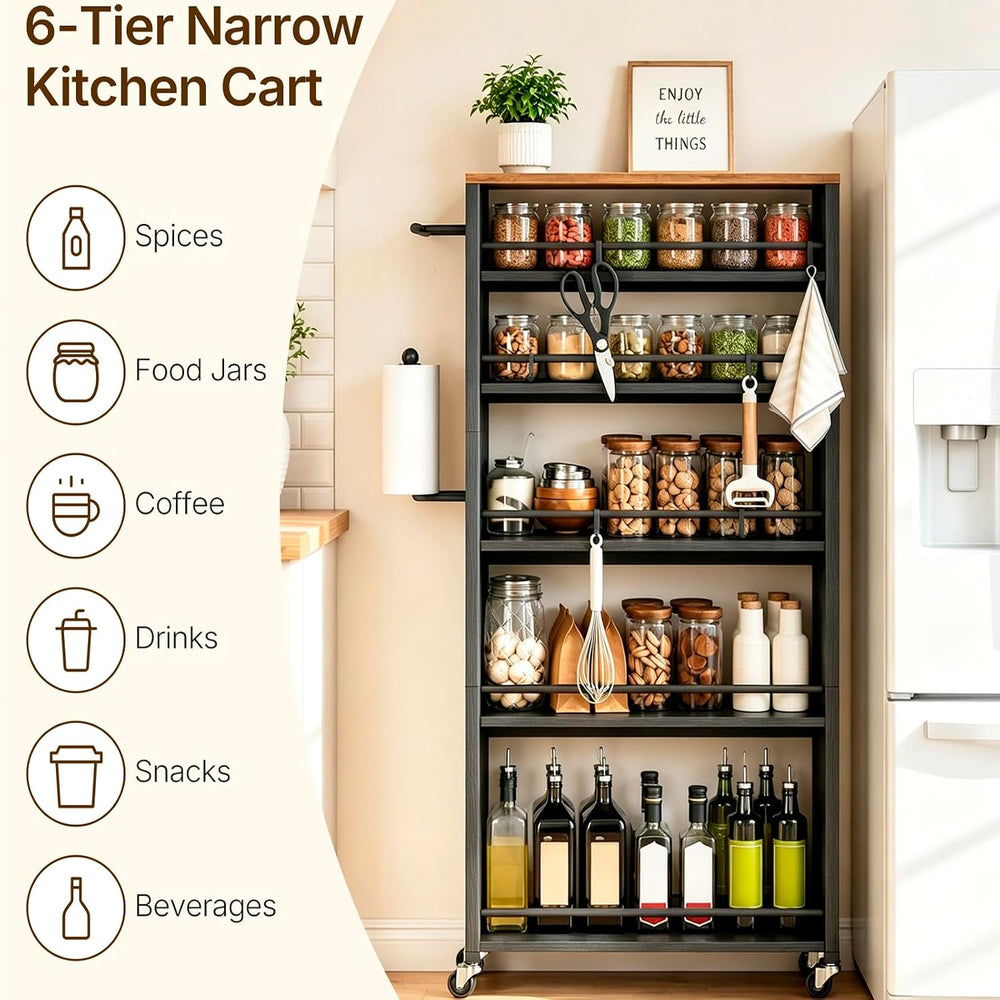 YATINEY 6 Tier Slim Storage Cart, Narrow Kitchen Cart with Wheels, Rolling Ut...