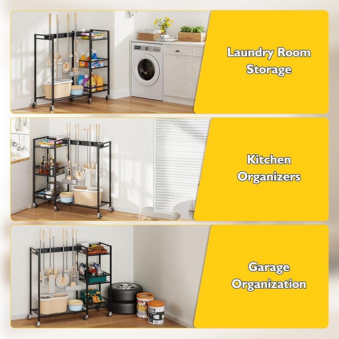 Broom Holder with Cleaning Supplies Organizer, Movable Broom Closet Storage