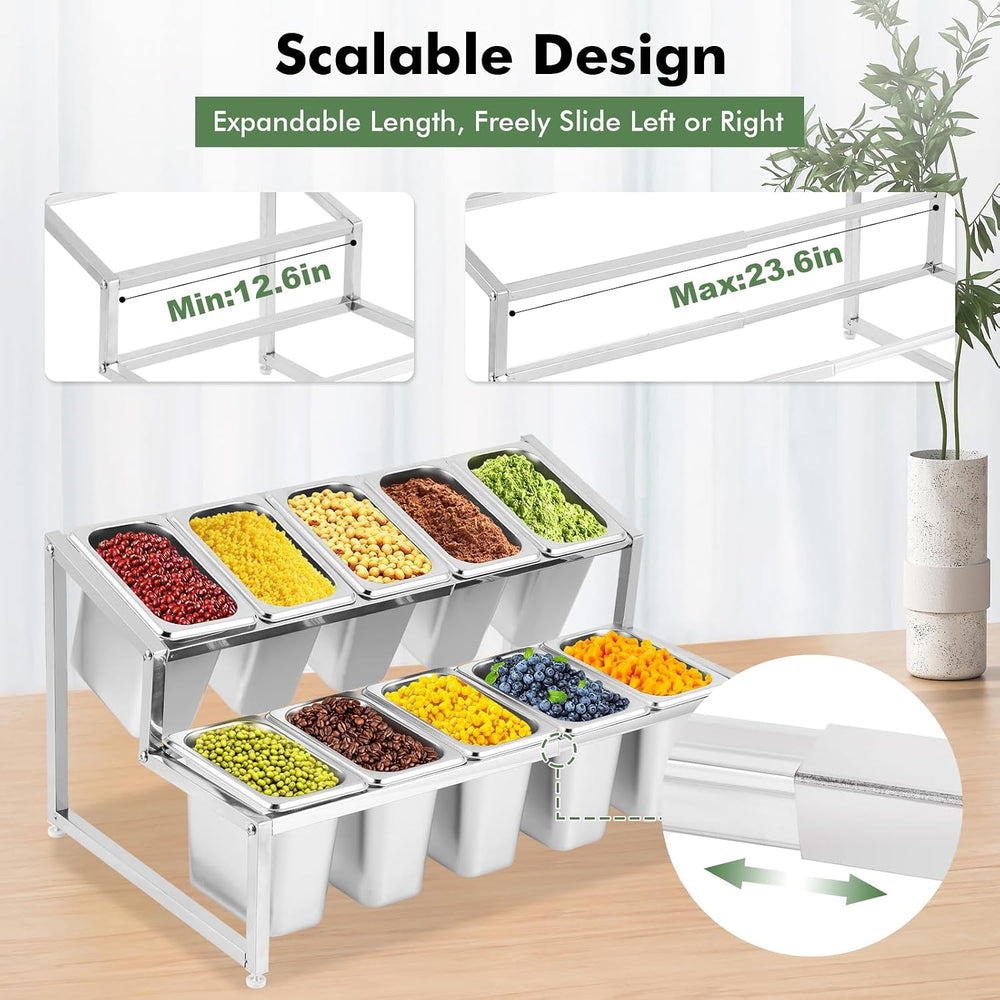 Expandable Spice Rack Organizer, Stainless Steel with 10 Buckets & Lids