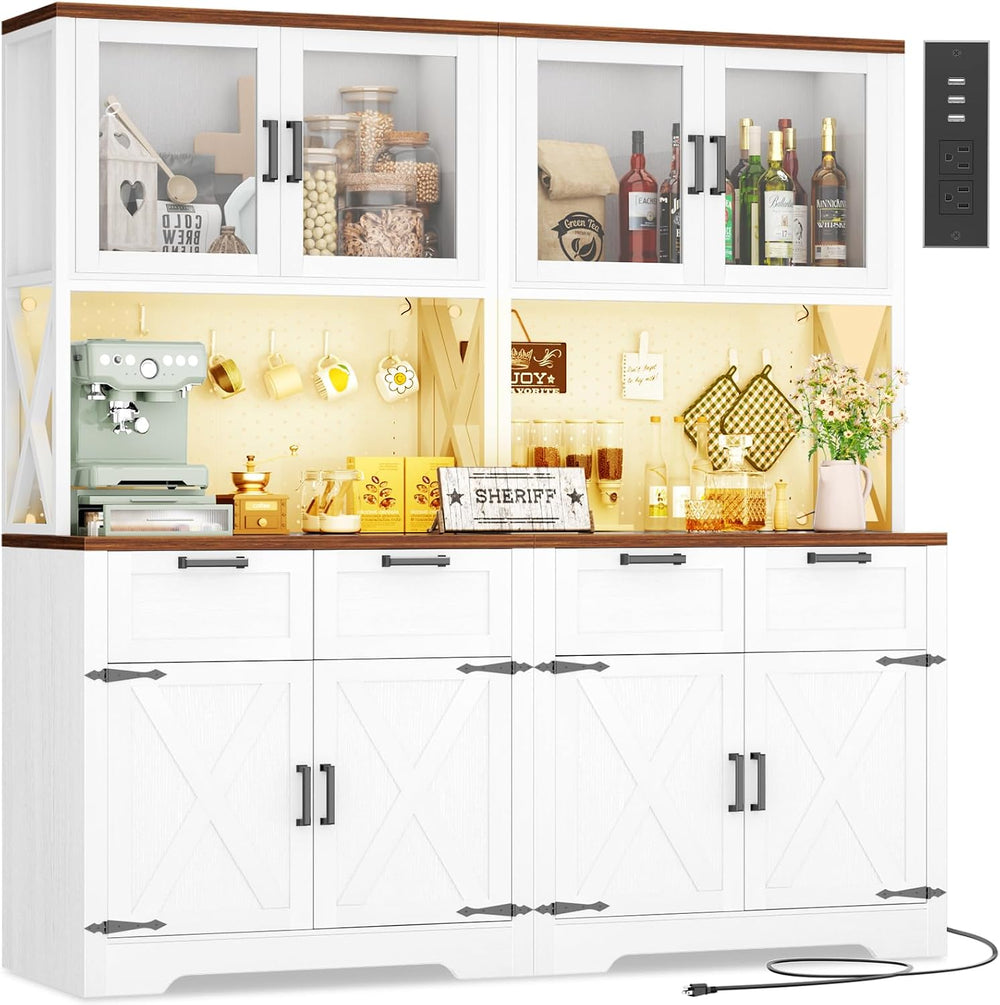 Unikito 71" Kitchen Pantry Cabinet with LED Light & Outlet, Microwav...
