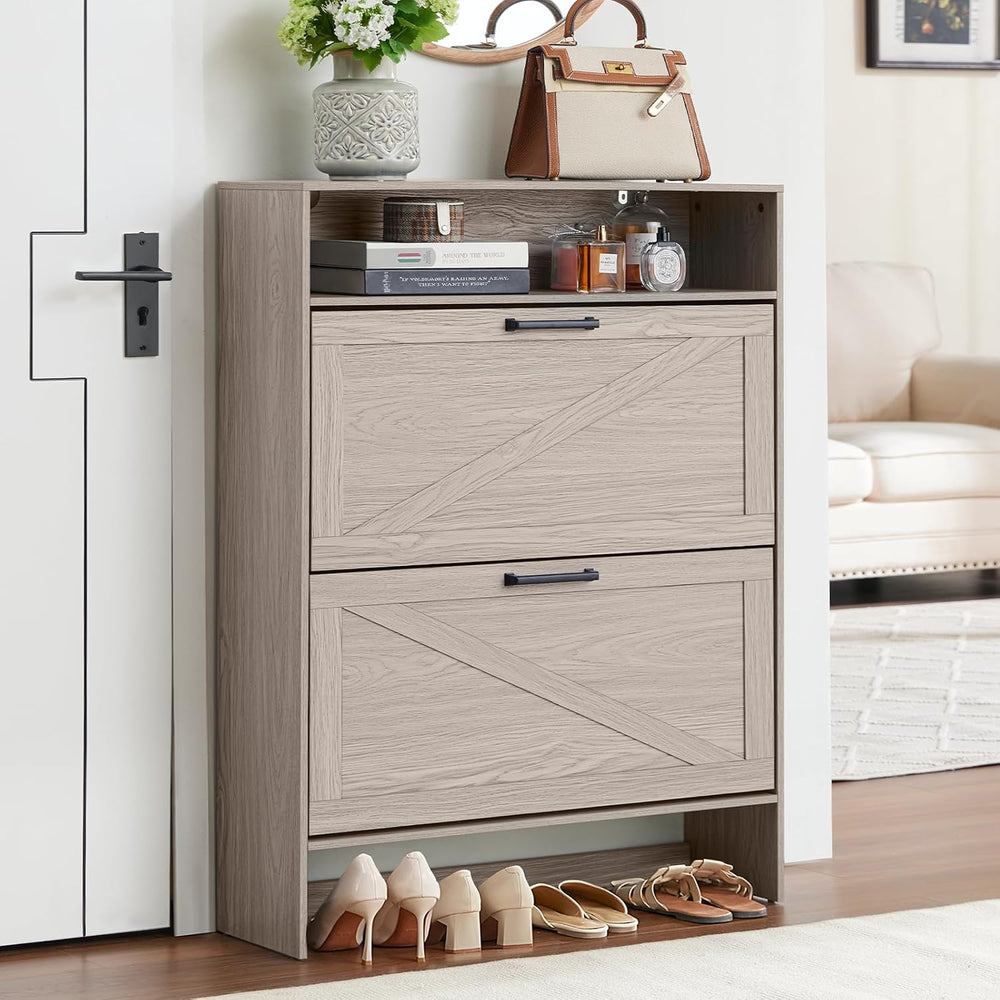 RWYHG Shoe Cabinet with 2 Flip Drawers, Narrow Entryway Organizer,Grey