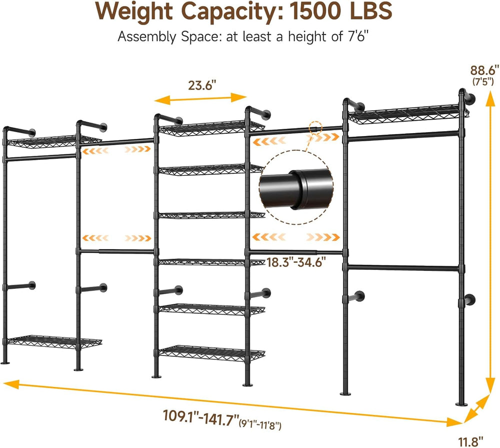 ONBRILL H5 Wall Mounted Closet System, Industrial Pipe Clothes Rack, Black