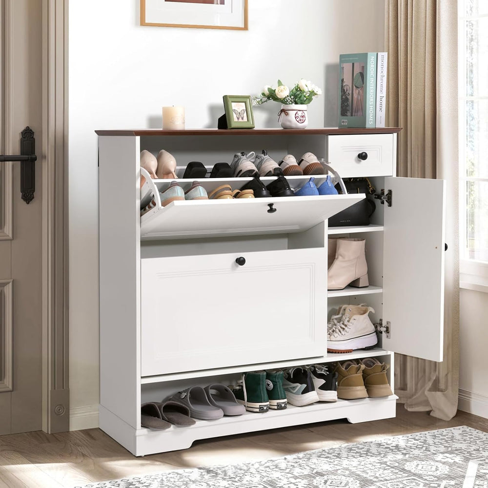 Patiorama Shoe Cabinet with 2 Flip Drawers, Side Cabinet, White