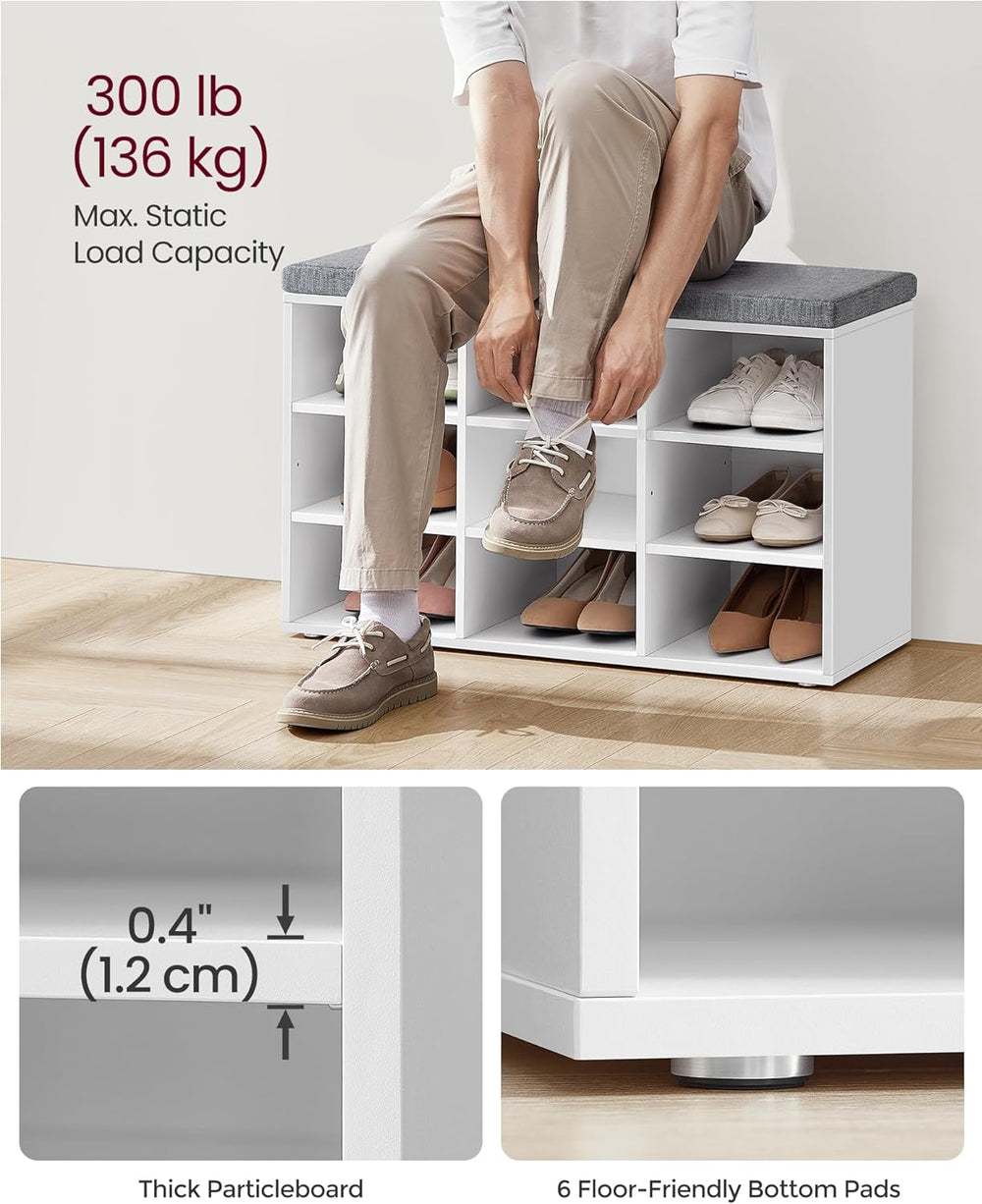 VASAGLE Shoe Bench with Cushion, 9 Compartments, 11.9 x 30.9 x 18.9 Inche
