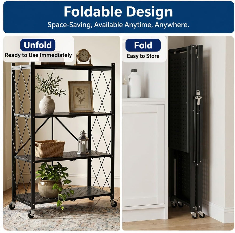 4-Tier Foldable Storage Shelves with Wheels (Black)