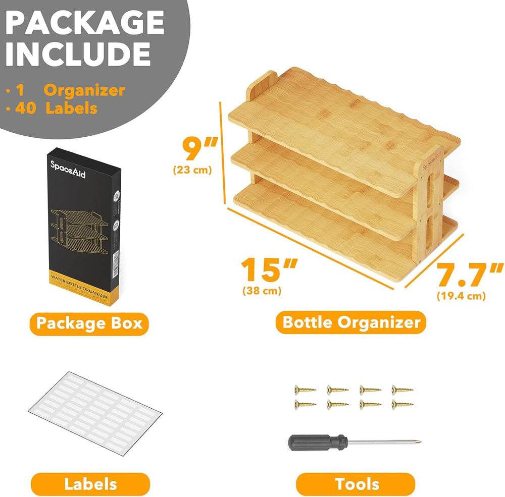 SpaceAid Bamboo Water Bottle Organizer with Labels, Kitchen Pantry Water Bott...