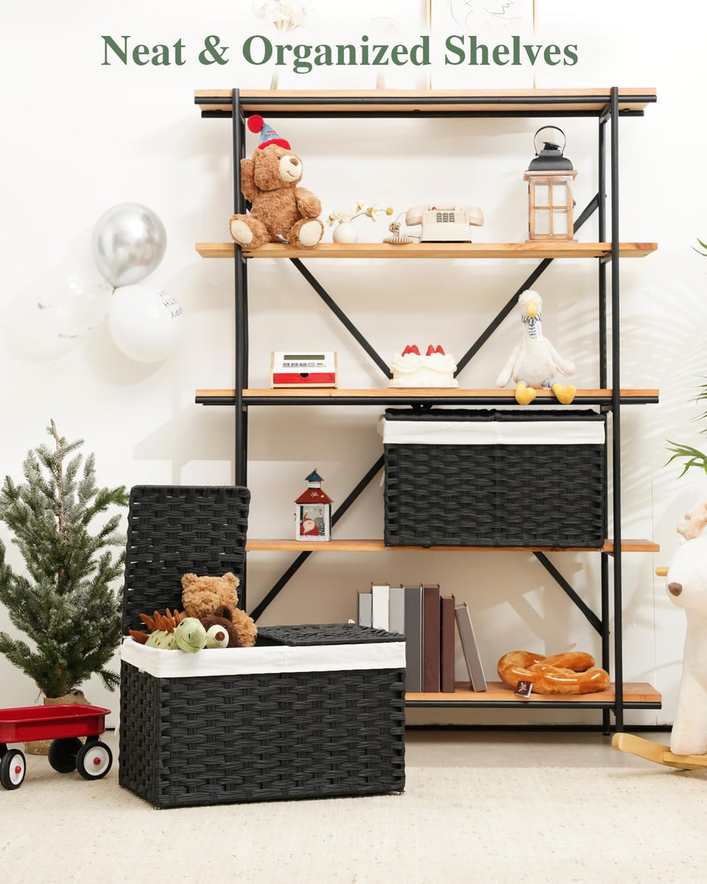Storage Basket with Lid PE Rattan Woven Storage Bins, 65L Black