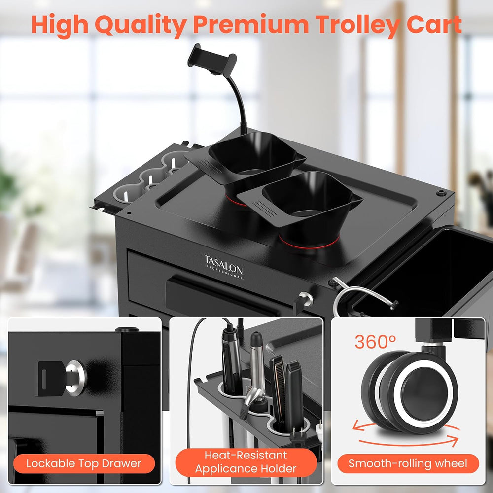 TASALON Metal Salon Trolley Cart with Wheels, 2 Drawers & 2 Magnetic Bowls