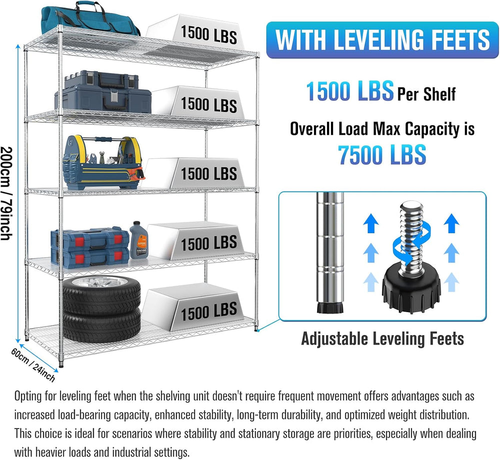 5 Tier NSF Wire Shelf Shelving Unit, 24 x 60 x 82 Inch 7500lbs Capacity Heavy...