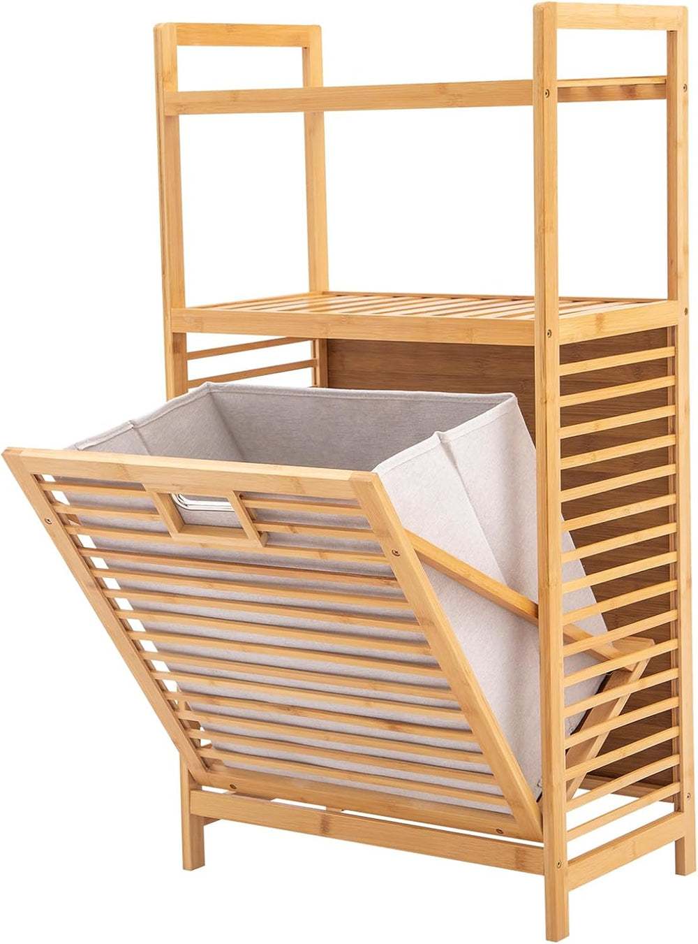 3-Tier Bamboo Tilt Out Laundry Basket,Floor Standing Laundry Hamper with Remo...