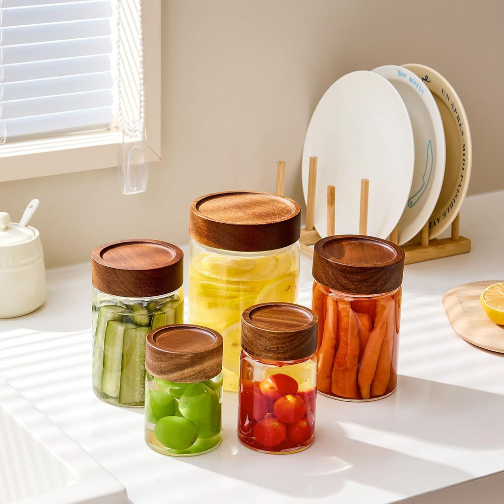 Sweejar 10-Piece Glass Storage Jar Set with Acacia Wood Lids, 5/8/16/32 oz, T...