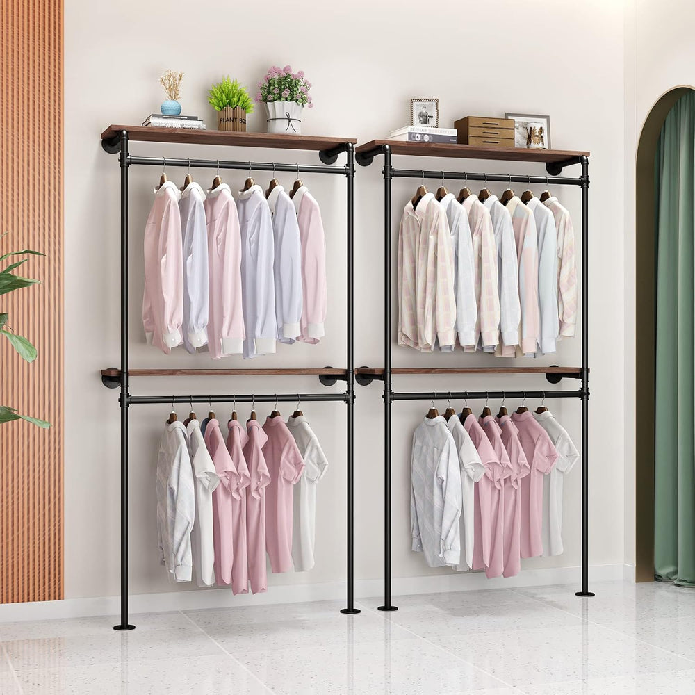 DR.IRON Industrial Pipe Clothing Racks with 2 Tier Shelves, Wall Mounted Blac...