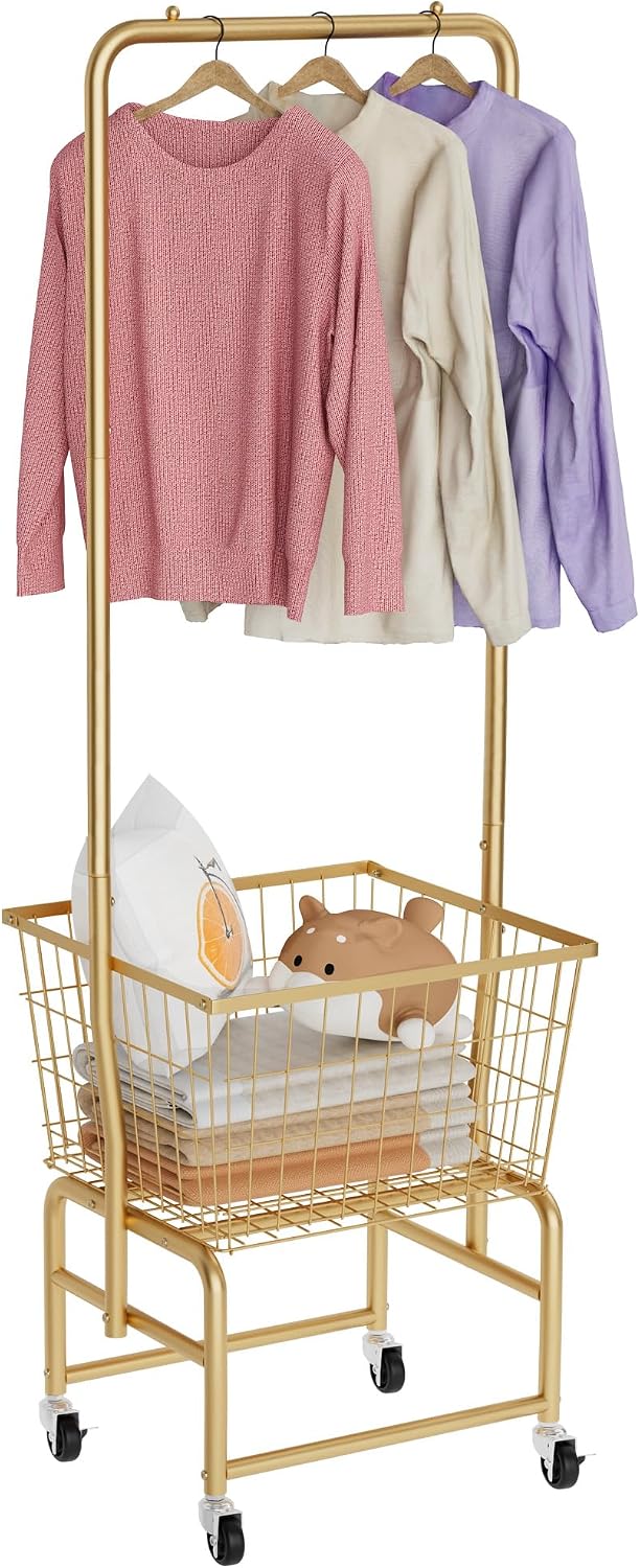 Rolling Laundry Cart with Wheels, Laundry Hamper Basket Organizer with Clothe...