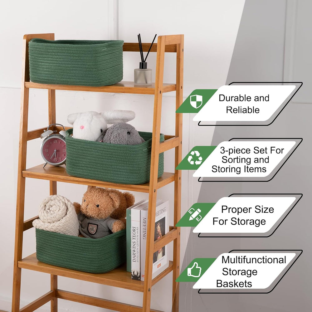 OIAHOMY 3 Pack Storage Baskets for Shelves Cotton Rope Storage Bins Green