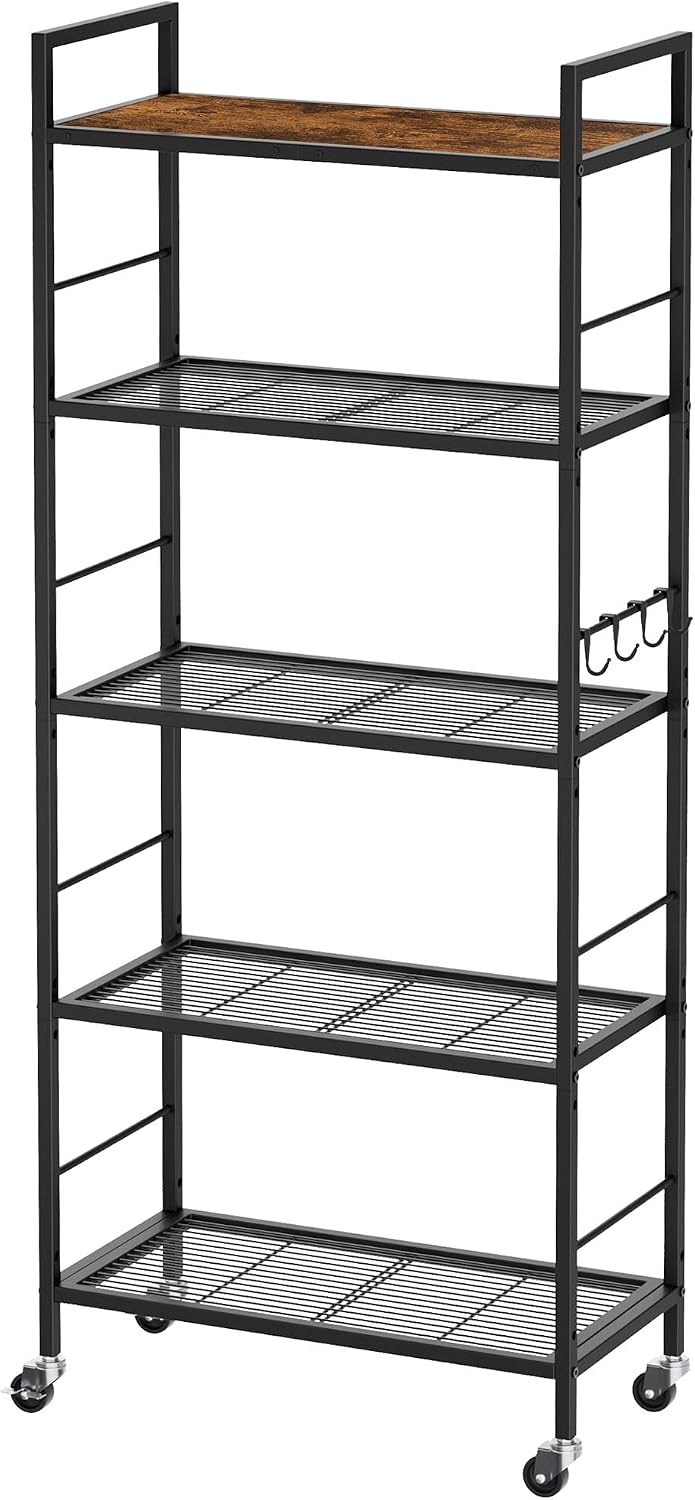 5-Tier Metal Storage Rack with Industrial Wheels,Mesh Shelving Unit with Wood...