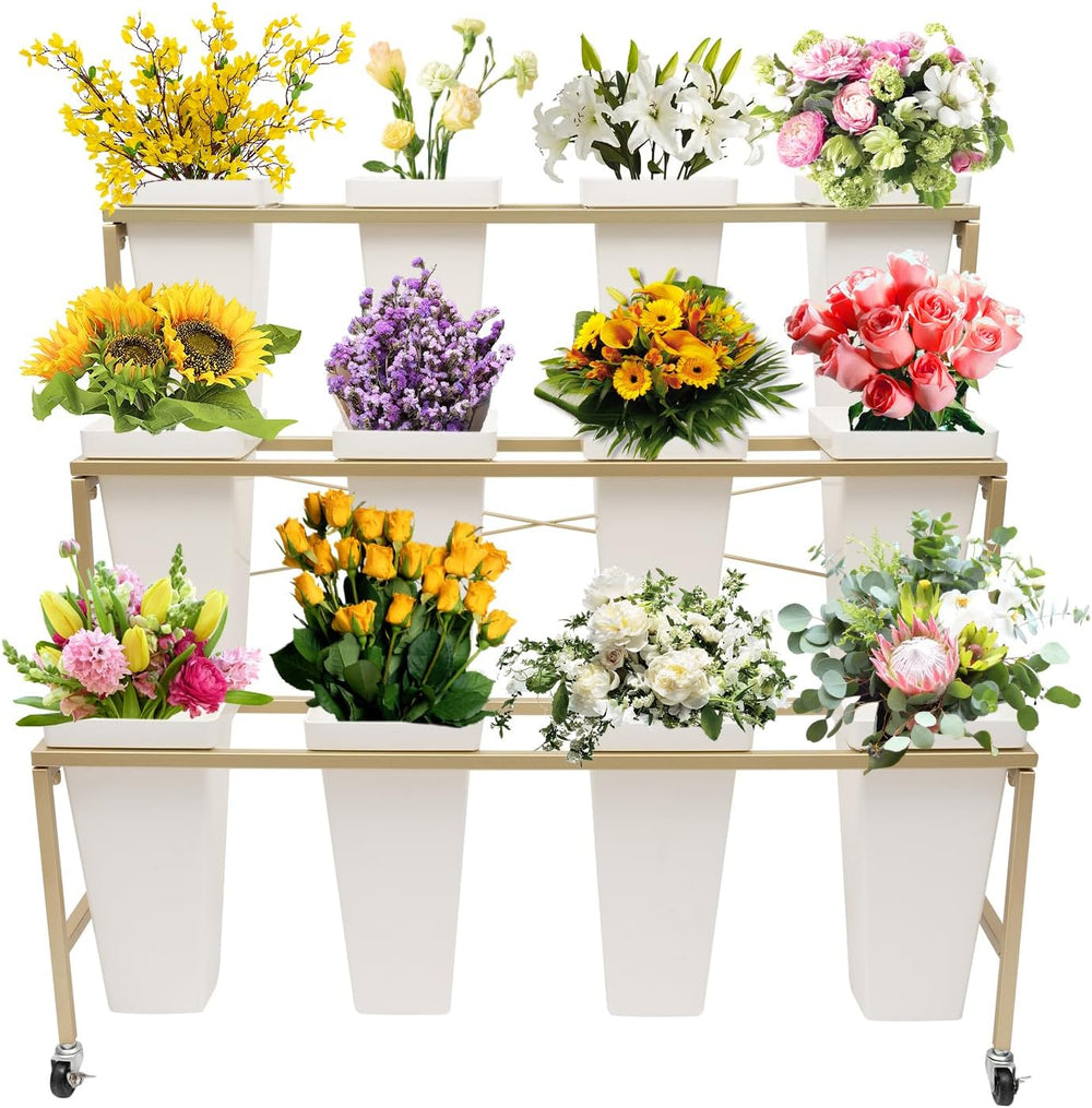 DYRABREST 3 Tier Flower Display Stand Metal Plant Stand with 12pcs Buckets an...