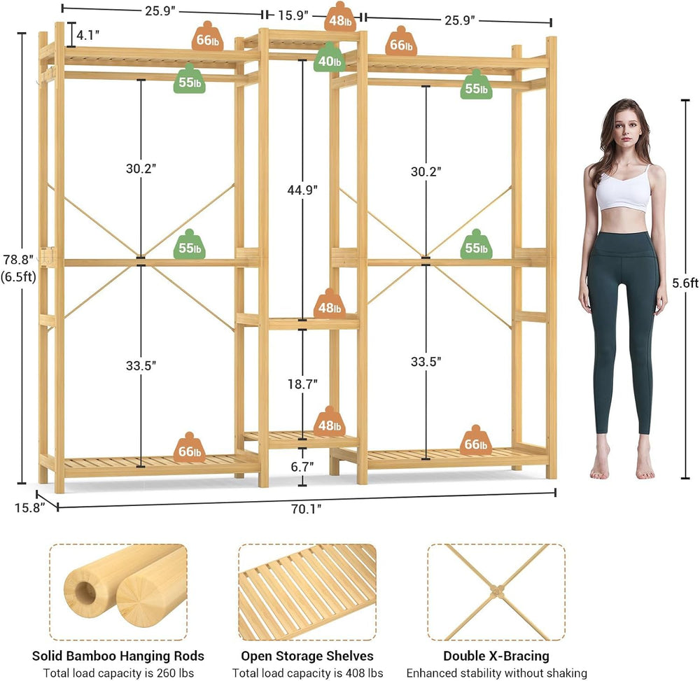 Homykic Bamboo Clothing Rack with Shelves, 70” Wide Closet System, 78.8”H
