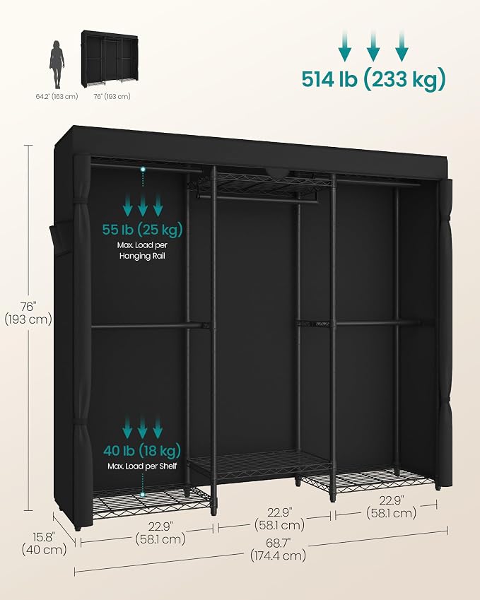 SONGMICS Heavy-Duty Clothes Rack, Garment Rack, Portable Closet, 68.7-Inch Wide
