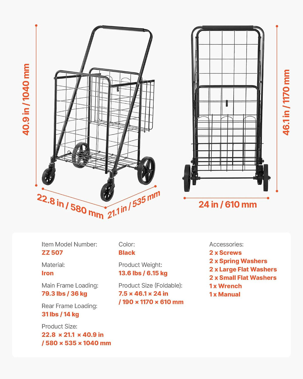 VEVOR Folding Shopping Cart Jumbo Grocery Utility Cart with Double Baskets