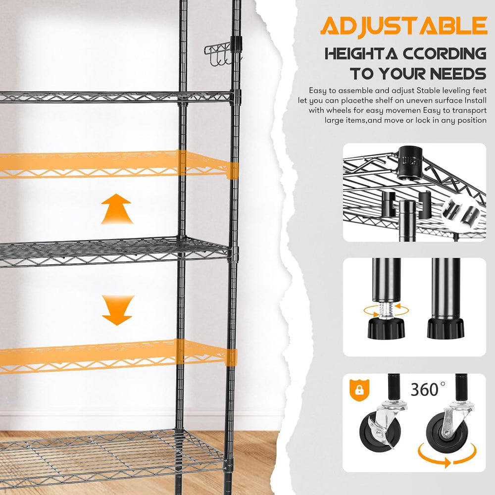YNN Storage Shelves,1750Lbs 5 Tier Heavy Duty Metal Rolling Shelving Unit wit...