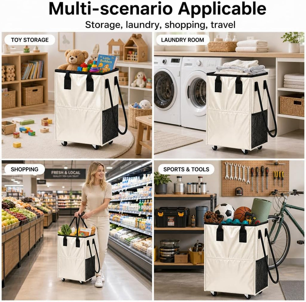Rolling Grocery Bag on 4 Wheels,18 Gallon Foldable Tote Bag with 4 Handles