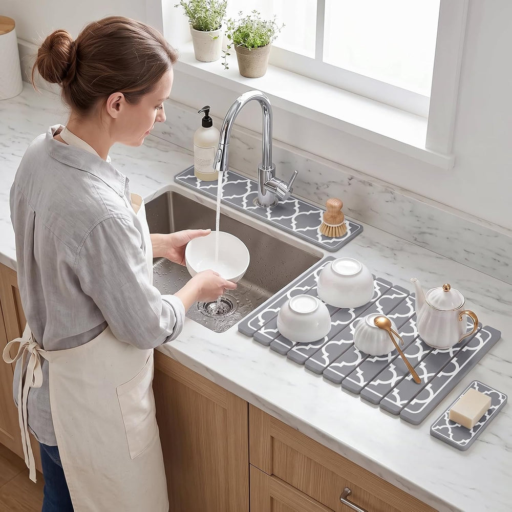 Large Stone Dish Drying Mat Set for Kitchen Counter Gray