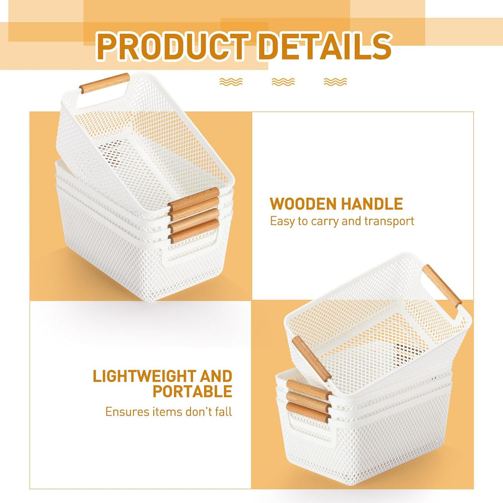 Tioncy 4 Pcs White Mesh Baskets with Wooden Handles Plastic Storage Organizer...