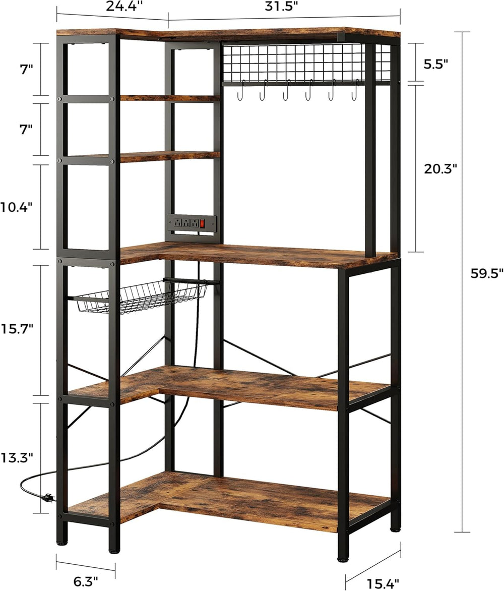 IRONCK Bakers Rack with Storage, Corner Coffee Bar with Power Outlet