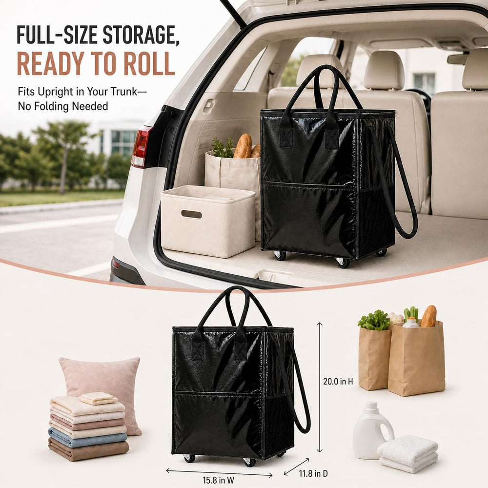 Rolling Grocery Bag on 4 Wheels,18 Gallon Foldable Tote Bag with 4 Handles