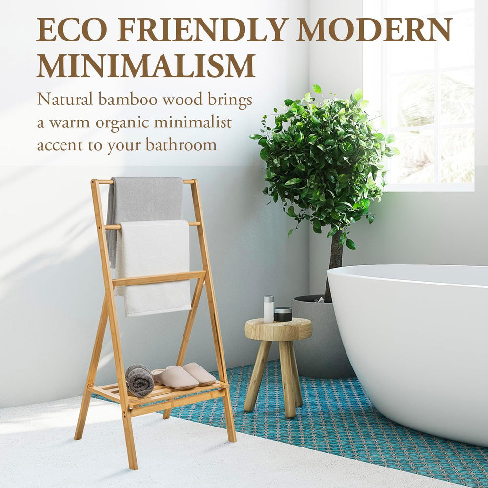 MyGift 3 Tier Bamboo Towel Rack with Shelf, Foldable Freestanding Stand