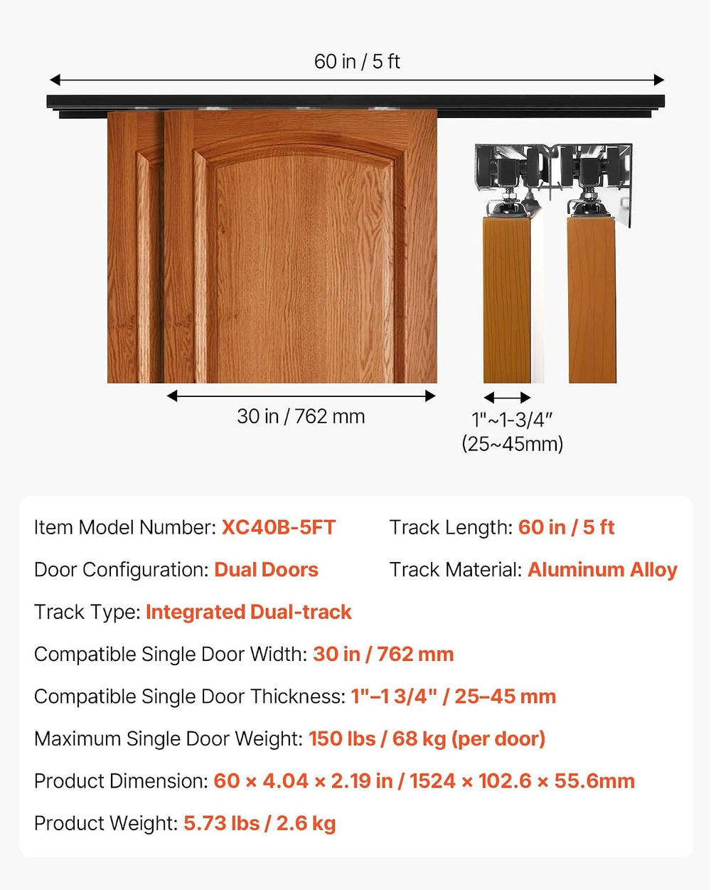VEVOR Bypass Sliding Door Hardware Kit, 5 ft Aluminum Alloy Dual-Track Bypass...