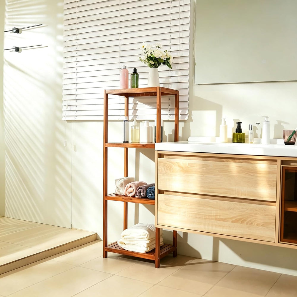 VaeFae Teak Bathroom Shelf, 4-Tier Storage Shelf, Wooden Stand Shelf Organize...